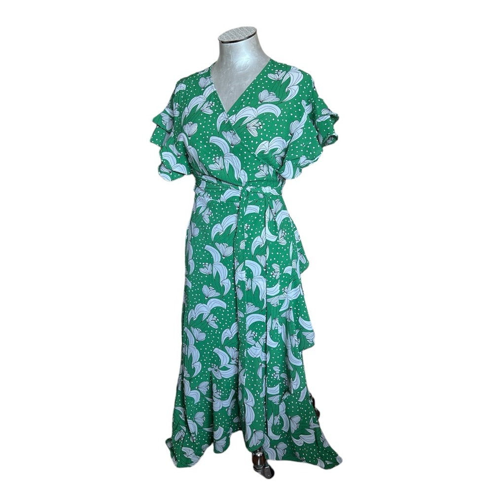 Max Studio Green Floral Ruffle Wrap Midi Dress Crepe High Low Size M New No Tag